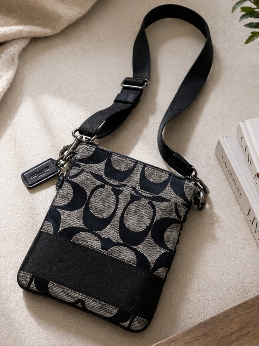Coach Signature Stripe Swingpack crossbody bag.